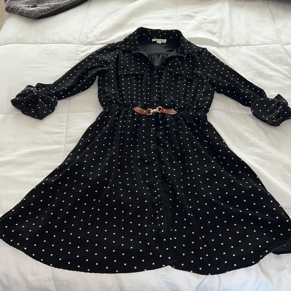 Indigo Rose - Black and White polka dot Midi Dress Notched Collar petite Medium